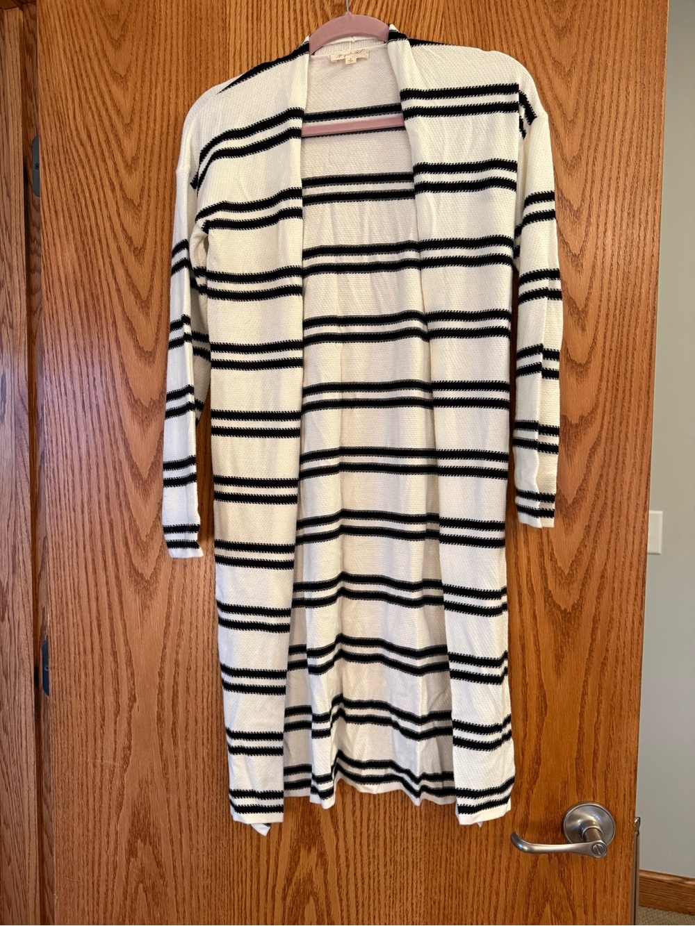 Mystree Black & White Striped Longline Open-Front Cardigan